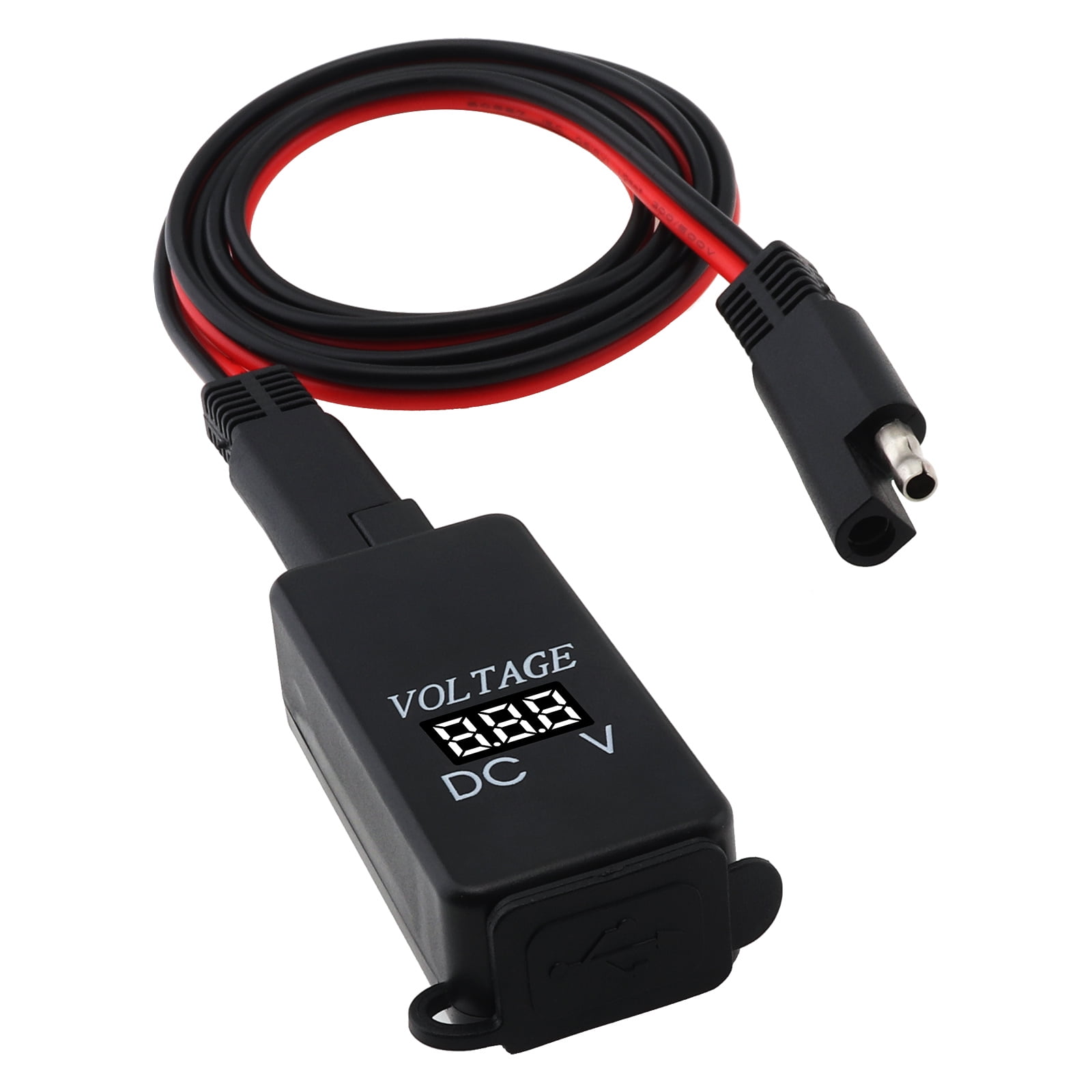 12V-24V 2.1A SAE Dual USB Cable Adapter Waterproof Dual Port Power Socket Smart Phone Tablet GPS Charger with Voltmeter for Motorcycle Car Boat Marine