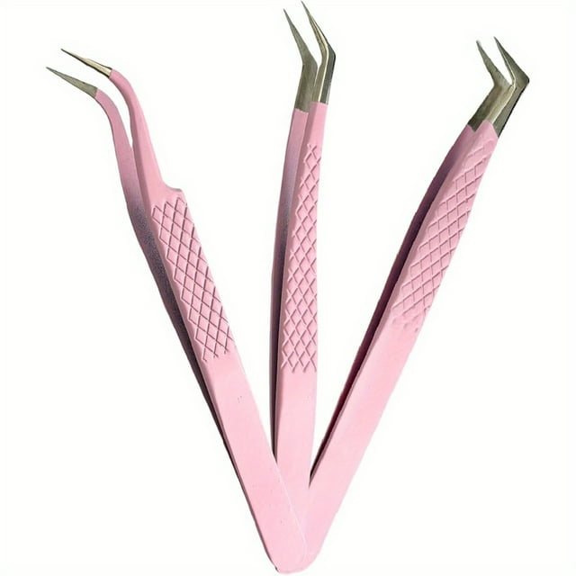 HLONK Pinces à Extension de Cils 3 Pcs Pinces en Fibre d'Acier Inoxydable pour Extension de Cils Pinces Professionnelles de Haute Précision Ensemble Pinces à Cils Volume (Rose)