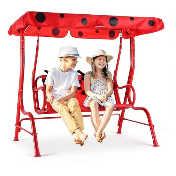 Kids Porch , All-Weather Patio Hammock w/Adjustable Canopy & Safety Belts for 2 Children, Outdoor for Backyard Garden Balcony Poolside (Red, Pattern)