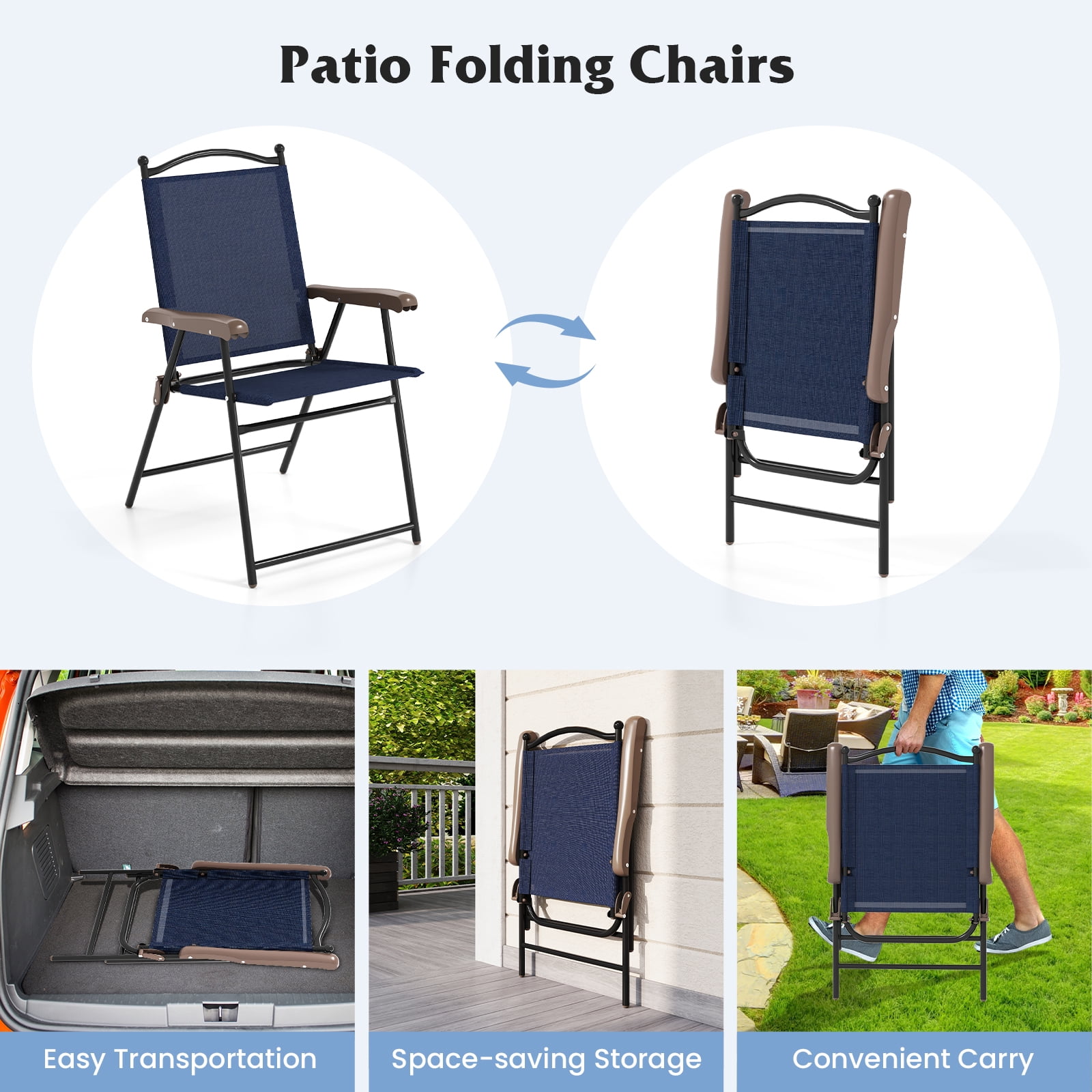 Gymax Patio Folding Chairs Set of 2 Outdoor Dining Chairs w/ Ergonomic Backrests & Armrests