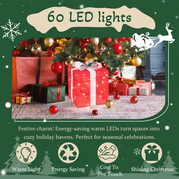 Christmas Lighted Gift Box Decoration, 60 Warm White LED Lights, Weather-Resistant Metal & Waterproof Fabric, Easy Setup for Home, Yard, Patio