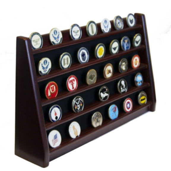 DECOMIL - 5 Rows Shelf Challenge Coin Holder Display Casino Chips Holder Solid Wood - Cherry Finish