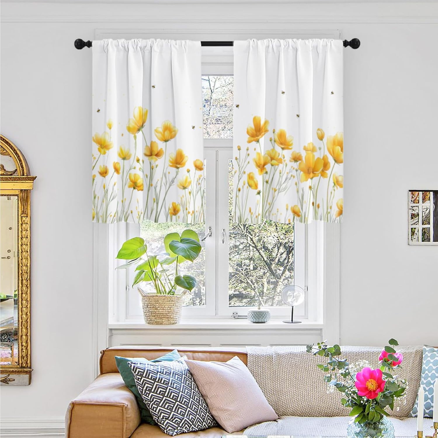 Kitchen Curtains (2 Pcs) Over Sink for Bathroom Window Cafe Basement Cortinas para Cocina Farmhouse Short Mini Curtain Flower Bee Summer Daisy Elegant Country Rustic Modern Cute - 27.5×36"