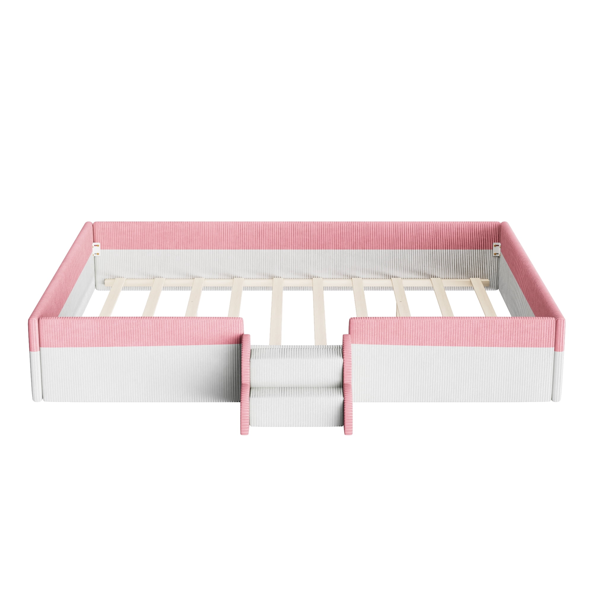 Howcool Queen Size Corduroy Upholstered Floor Bed with Fence and Smart LED Lights,2-Tier Steps Platform Bed Frame,Pink+White