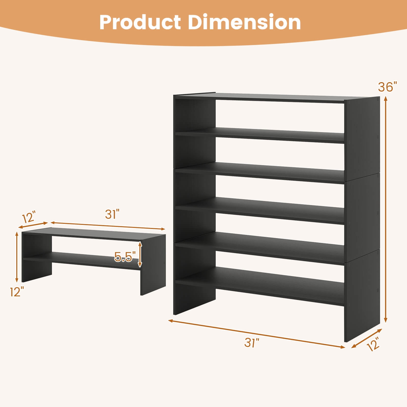 Costway 6 PCS Stackable Shoe Rack 31-Inch Horizontal Organizer 2-tier StorageShelf Black