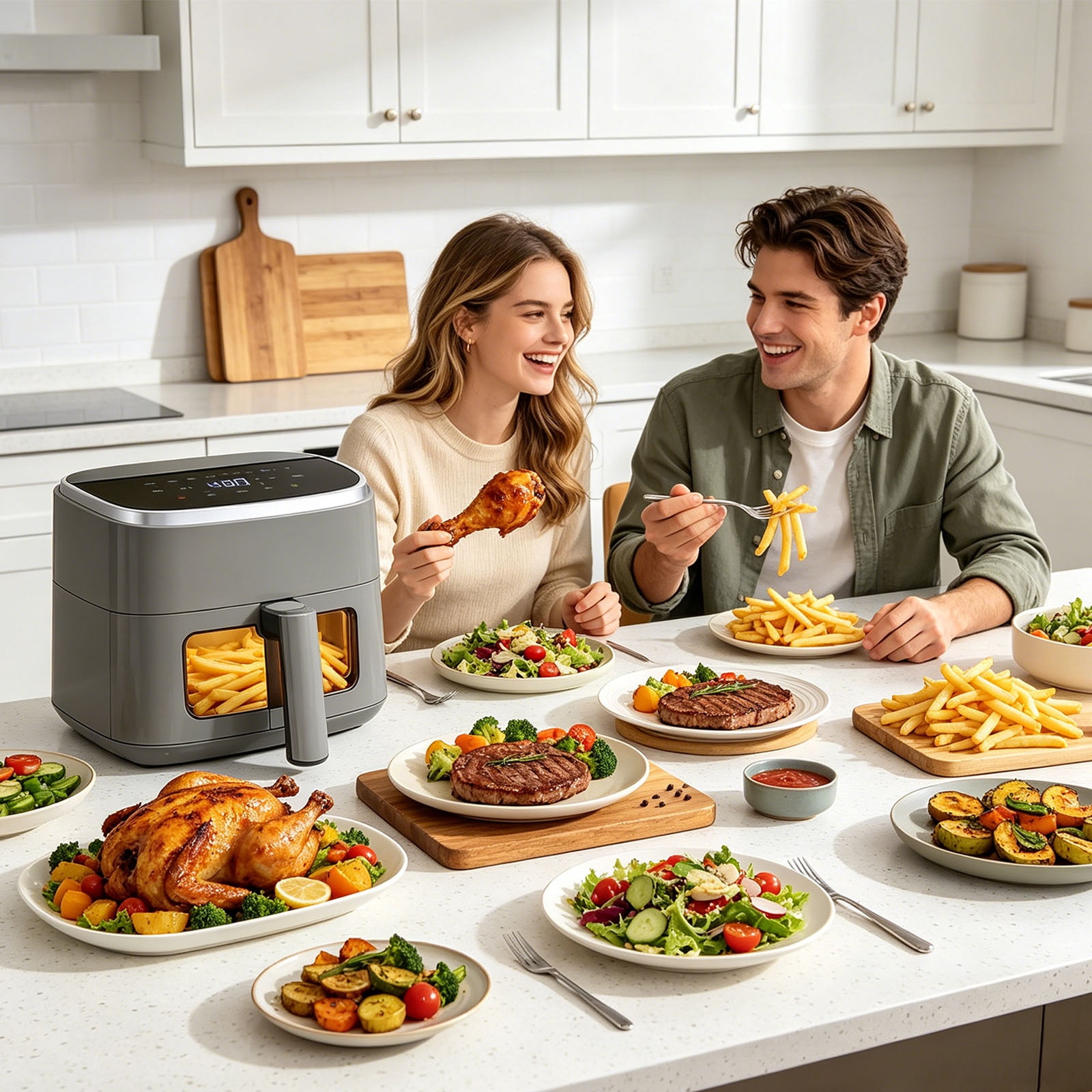 Casabay 4 QT Air Fryer with Viewing Window, 1500W 8-in-1 Electric Hot Air Fryer Oven, Digital Display, Compact Multi-Functional Cooker for Home Kitchen, Gray