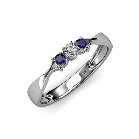 - Blue Sapphire and Diamond (SI2-I1, G-H) Three Stone Ring 0.16 ct tw in 14K White Gold.size 7.5