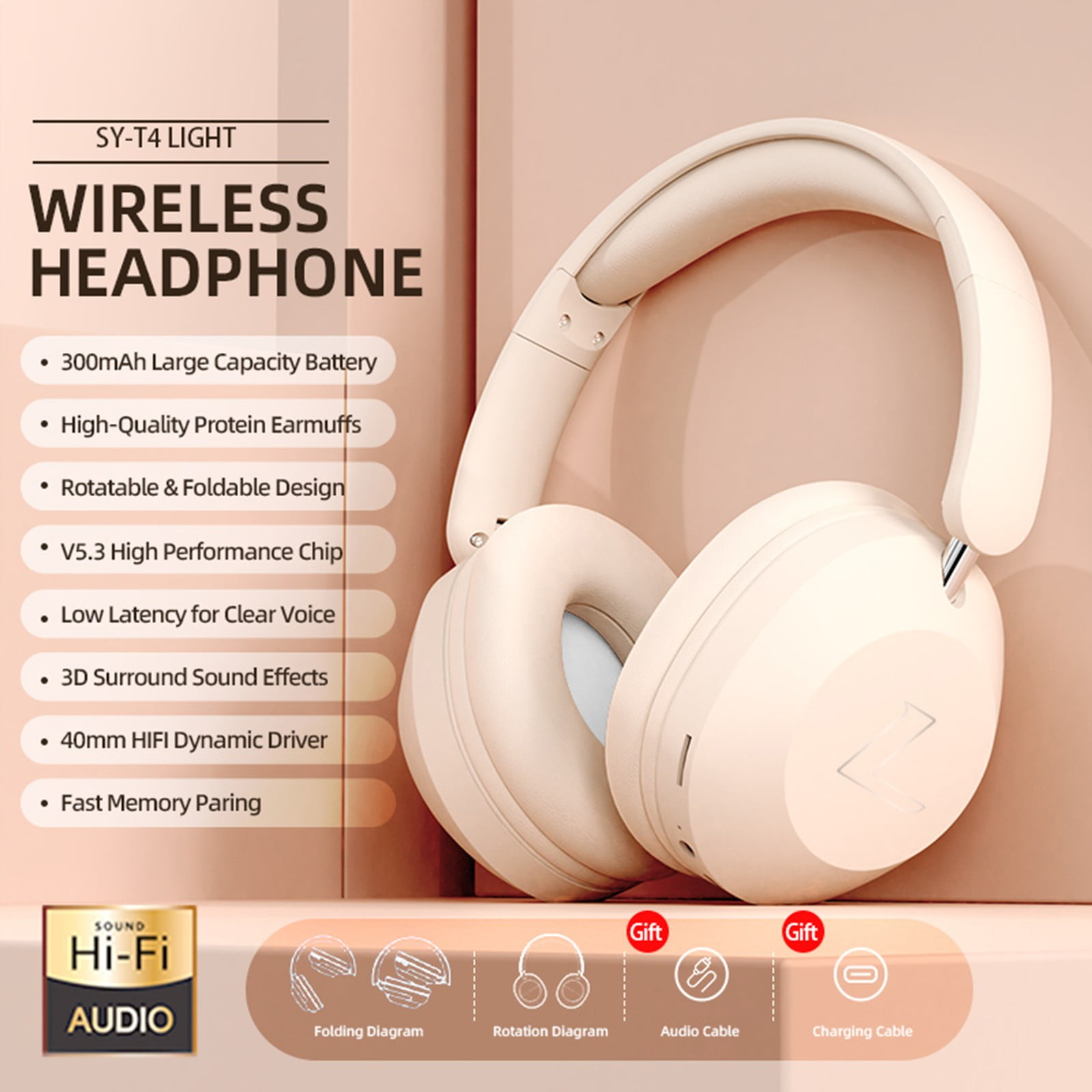 Wireless Over-Ear Headphones - Hi-Res Audiophile Sound, Adaptive Noise Cancellation, Parametric EQ, 60 Hour Battery Life, Includes USB-C Low-Latency Bluetooth Adapter,White