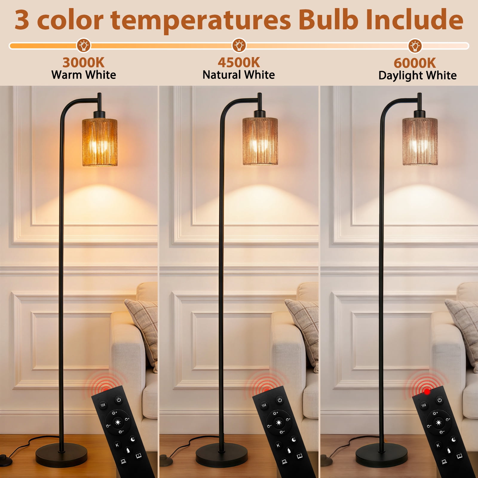 66" Rattan Floor Lamps for Living Room with Remote Control 3 Color Temperature Dimmable Boho Standing Lamp Tall Pole Lamps for Bedroom, Office,Black,Bulb Included
