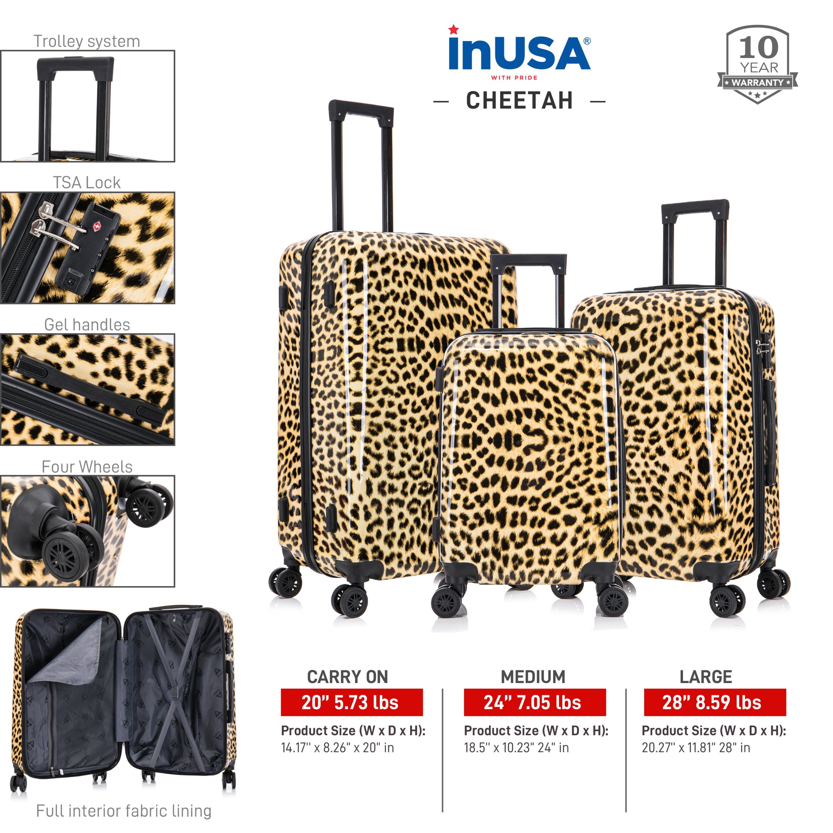 InUSA Print 3-Piece Hardside Luggage Sets with Spinner Wheels, Handle, Trolley, (20"/24"/28"), Cheetah