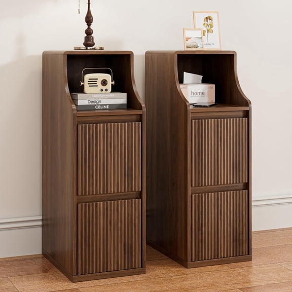 Fluted Narrow Nightstand Set of 2, Slim Bedside Table with 2 Drawers, Wooden Vintage Mid Century Modern End Table