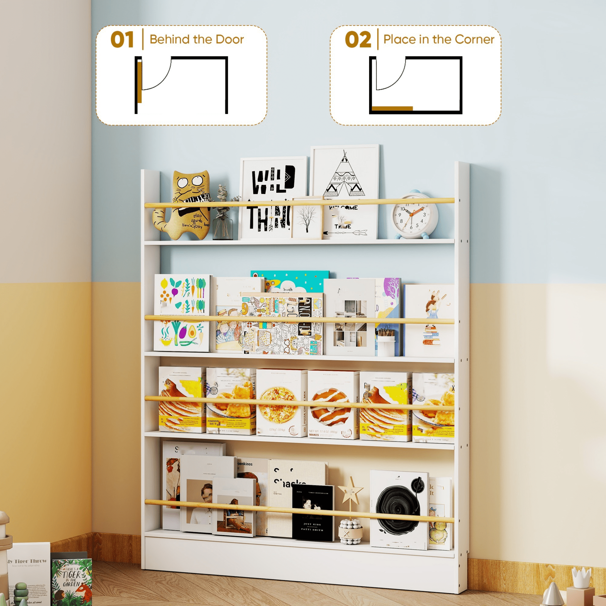 VGBYUJ Behind Doors Bookshelf, 47.4"H x 39.4"W Tier Wall Mount Boookcases, Behind the Door Storage Organizer for Narrow Space, Solid Wood, White