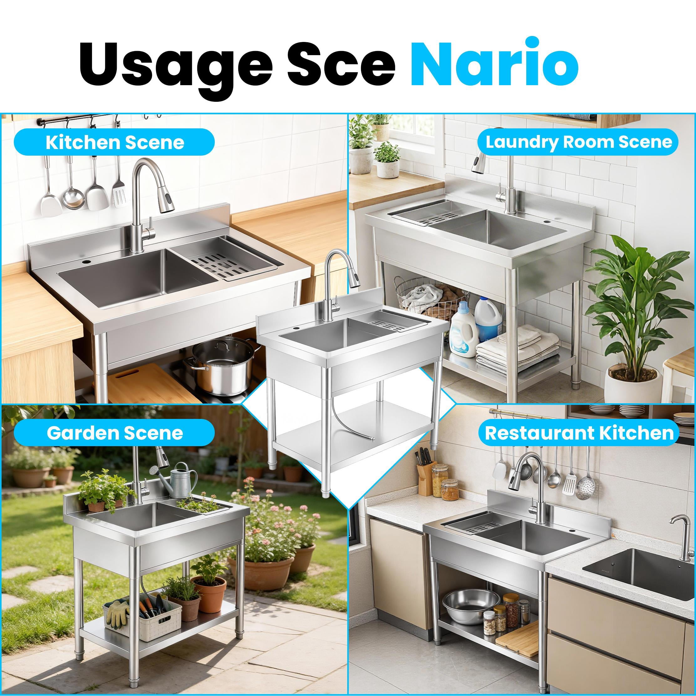 Stainless Steel Outdoor Freestanding Kitchen Sink with Cold and Hot Water Pipe and pull-out Faucet, Commercial Utility Sink, Free Standing Sink for Garden