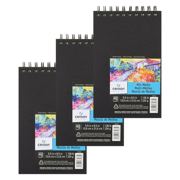 Canson Artist Series Mixed Media Art Book, Black Cover, Side Wire Binding, 40 Sheet, 14X21.6 inch, Pack of 3