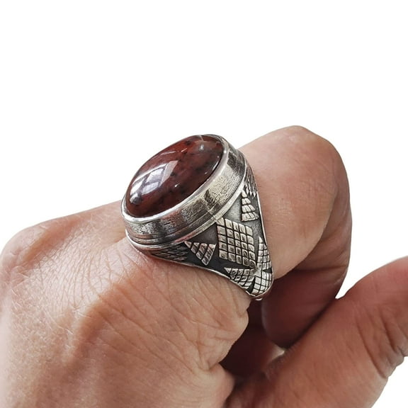 Mahogany Jasper Mans Ring, Natural Mahogany Jasper Ring, Silver Jewelry, 925 Silver Ring, Birthday Gift, Heavy Mens Ring, Arabic Design, Ottoman Style Ring, Christmas, Turkey Mens Signet Ring