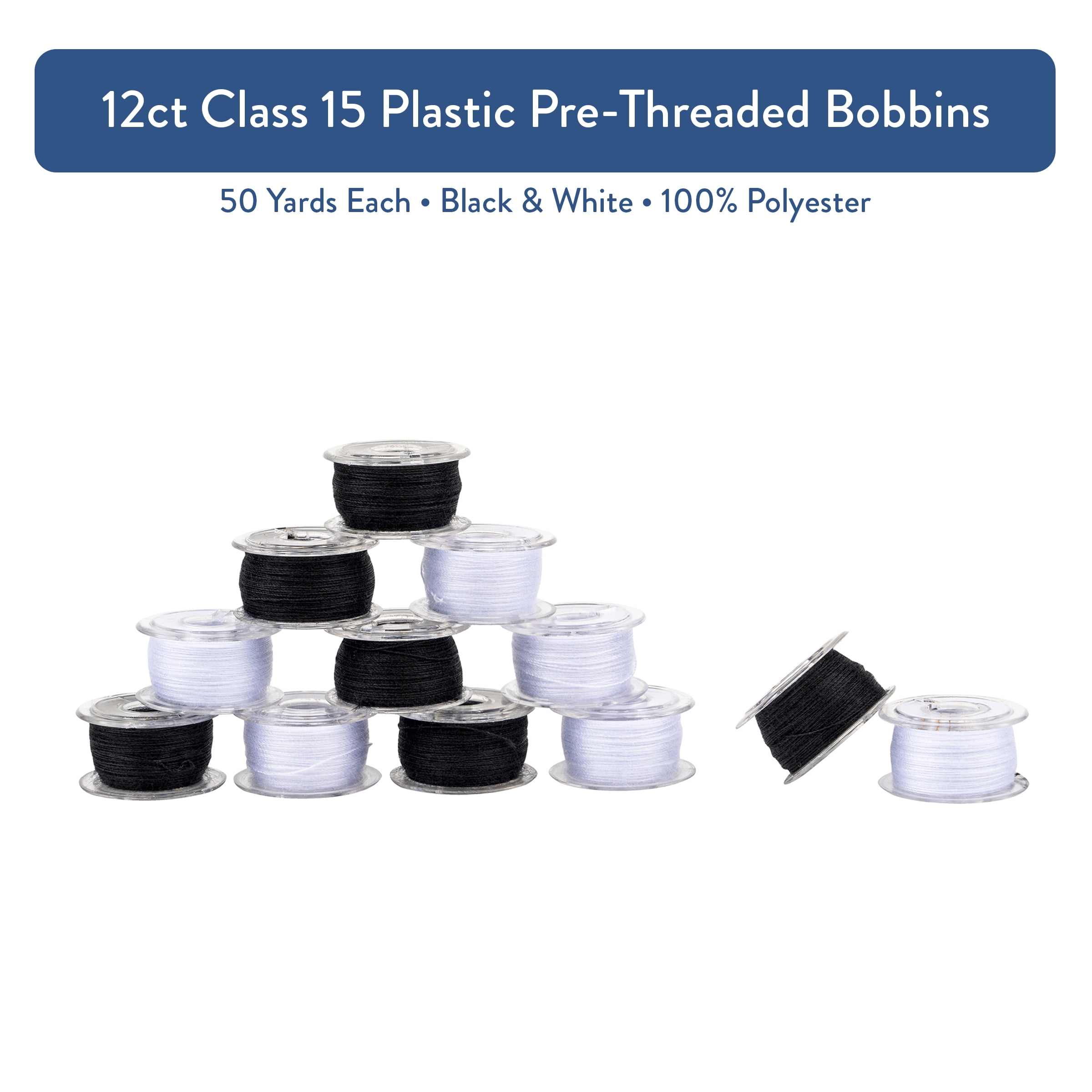 Hello Hobby Class 15 Black & White Threaded Bobbins in Plastic Storage Case, 12 Count