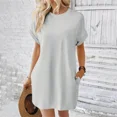 thumbnail image 2 of Vestido corto de verano con bolsillos laterales para mujer, traje de estilo coreano con cuello redondo, cómodo e informal, Color liso, 2 of 5