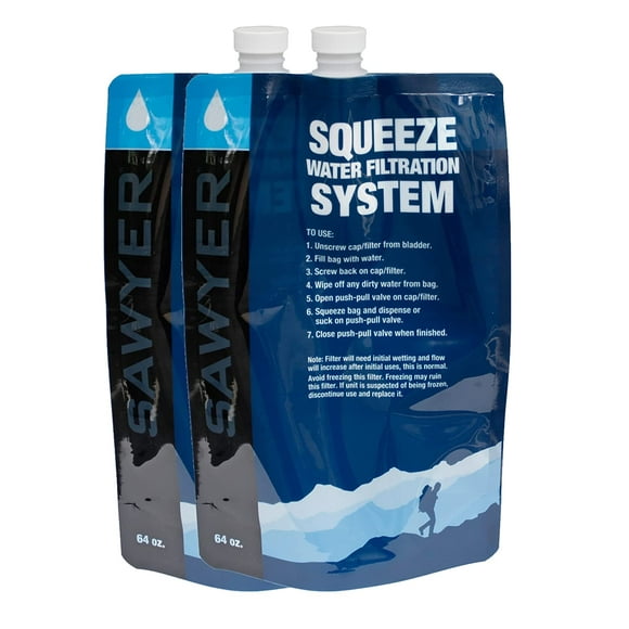 Sawyer Products SP114 Squeezable Pouch for Squeeze and Mini Water Filtration Systems, 64-Ounce, 2-Pack, Blue/Black