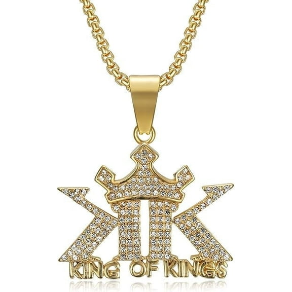 NEGS 18K Gold Plated King of Kings with Crown Pendant 24'' Chain Christian Prayer Stainless Steel Necklace for Men Women