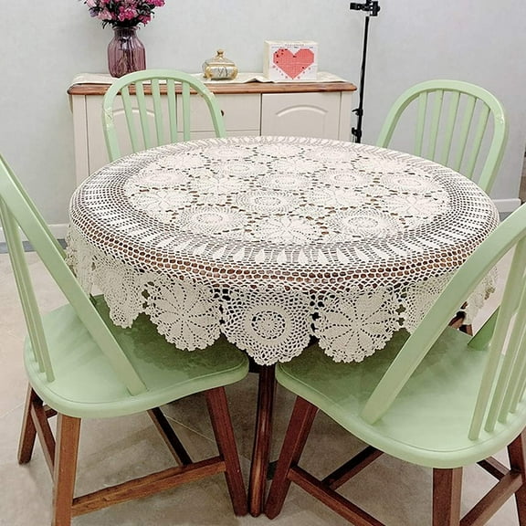 52 inch White Lace Tablecloth, Round Vintage Crochet White Lace Party Tablecloth