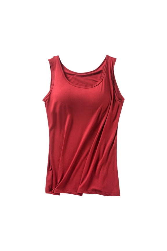 Built in Bra Tank Top for Women 2026 Casaul Sleeveless Wide Strap Basic Sleepwear Workout Yoga Padded Camisole Top Red M