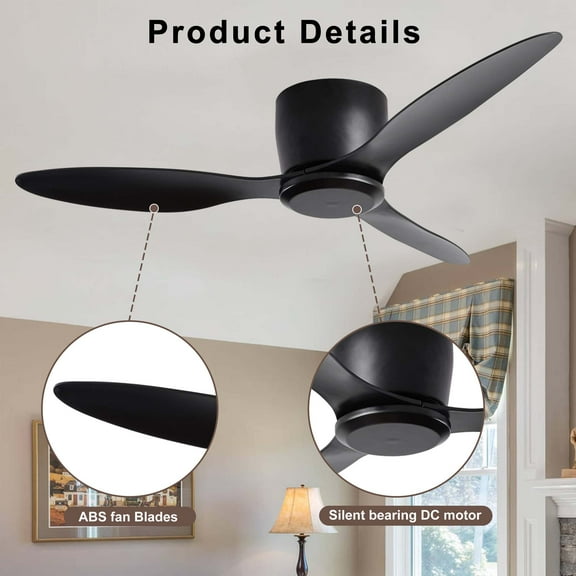 Miniyam 52" Flush Mount Ceiling Fan without light, 3 Reversible Blades, with 6 Speeds DC Motor, Low Profile Ceiling Fan for Living Room Bedroom Indoor