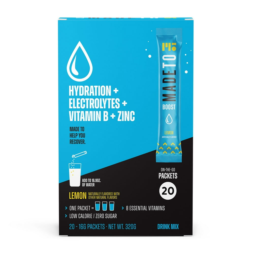 MadeTo Hydration Powder Packets with Electrolytes + Vitamin B + Zinc, Lemon, 20ct