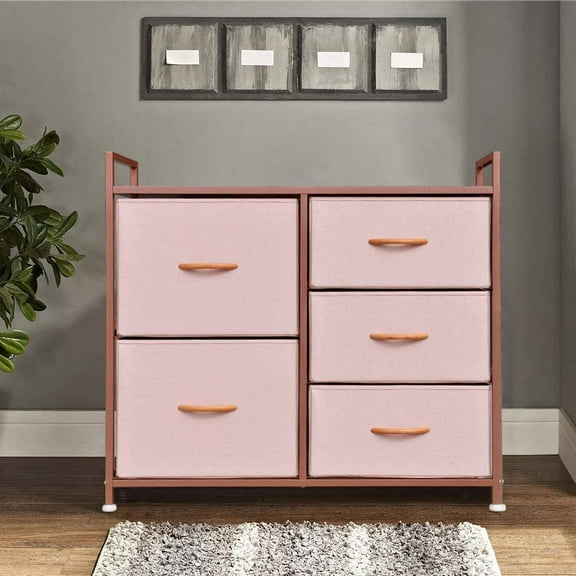 Prime Garden Modern Dresser Storage Tower with 5 Drawers Wood Top,Pink