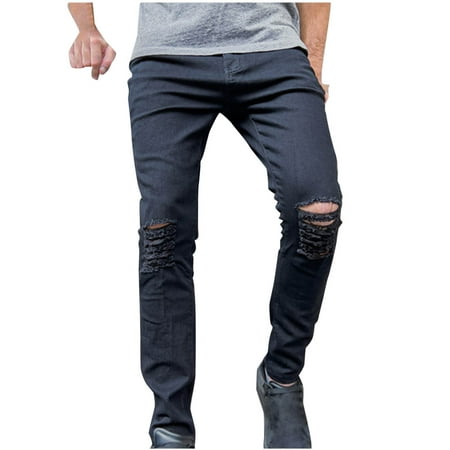 FNFYFH Men s Ripped Skinny Stretch Distressed Destroyed Slim Jeans Denim Pants Stacked Straight Leg Pants
