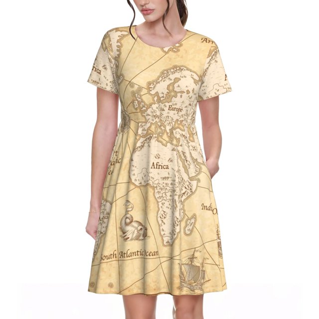 Disketp World Map para Vestido de Manga Corta para Mujeres, Vestidos de Verano para Mujeres, Casual y Holgado para la Playa