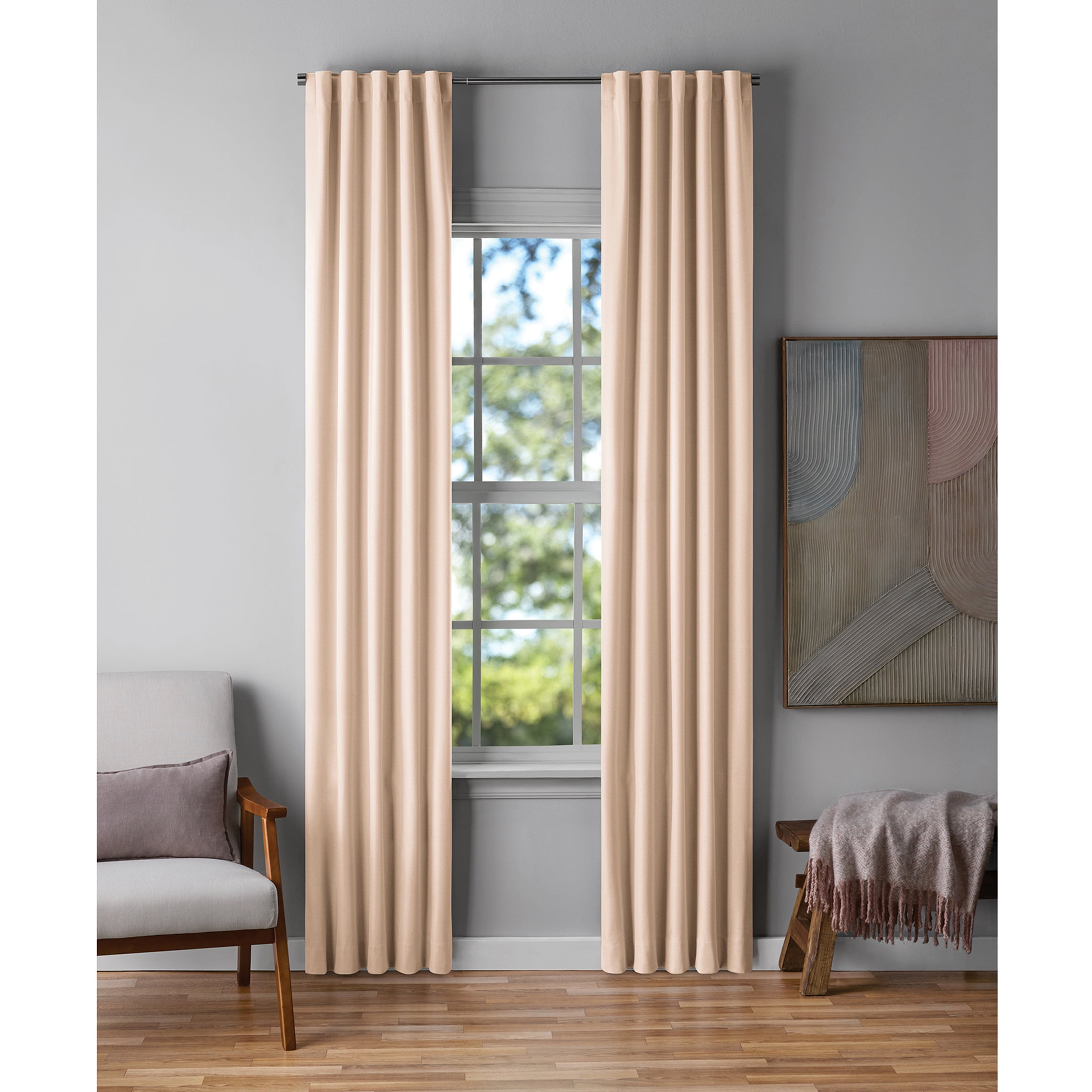 Mainstays Beige Solid Blackout Rod Pocket with Back Tabs Curtain Panel Pair, Set of 2, 30" W x 95" L