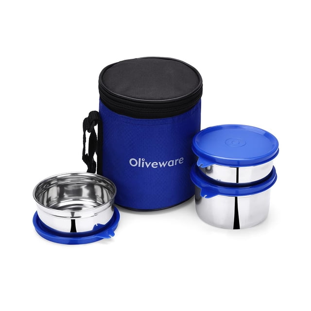 oliveware Belle Boîte à Lunch Stylo, Étanche & Couvercle Sans BPA, 3 Récipients en Acier Inoxydable (250ml, 250ml & 500ml), Veste en Tissu - Bleu