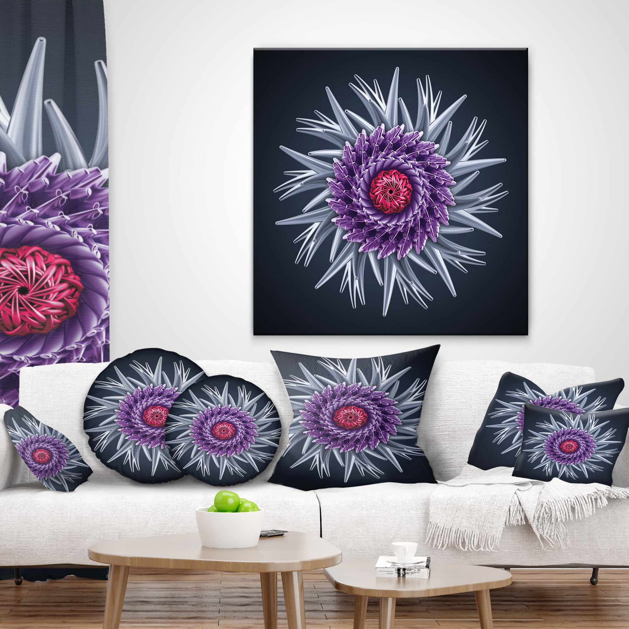 Designart Purple Abstract 3D Flower on Black - Flowers Throw Pillowwork - 16x16