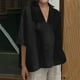 thumbnail image 1 of ICHUANYI Clearance Women's Summer Fashion Cropped Sleeves Lapel V-Neck Cotton Line Loose Shirt Blouse(Black, M) ICHUANYI WER2023080817177, 1 of 7