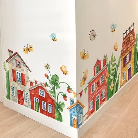 Large Nursery Wall Sticker,Pink Watercolor Building House Decal Peel Stick DIY Art Wall Decor for Playroom Kids Room Babyroom Gifts