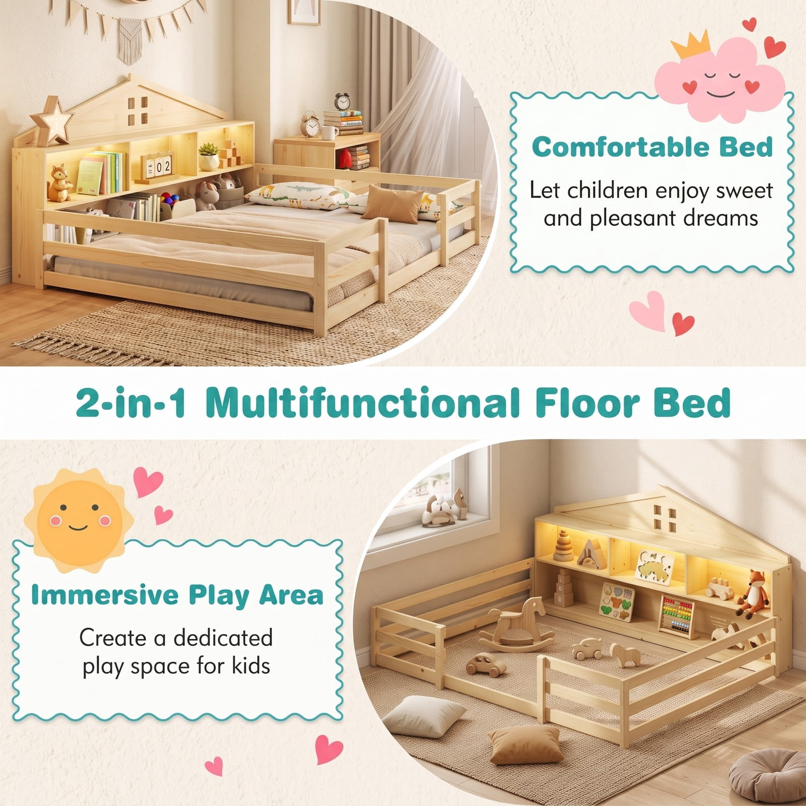 Furnibear Full Size Bed Frame, Montessori Floor Bed with House-Shaped Storage Headboard, Guardrails and Built-in LED Lights for Kids Room, Natural