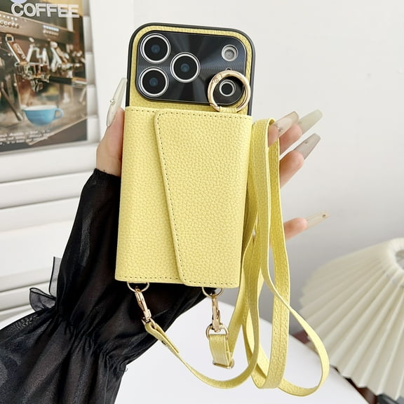 For iPhone 17 Wallet Case with Crossbody Strap, [Anti-Fall Strip] [Lens Protection] [Makeup Mirror] Lychee Texture PU Leather Kickstand Card Slots Metal Buckle Shockproof Case, Yellow