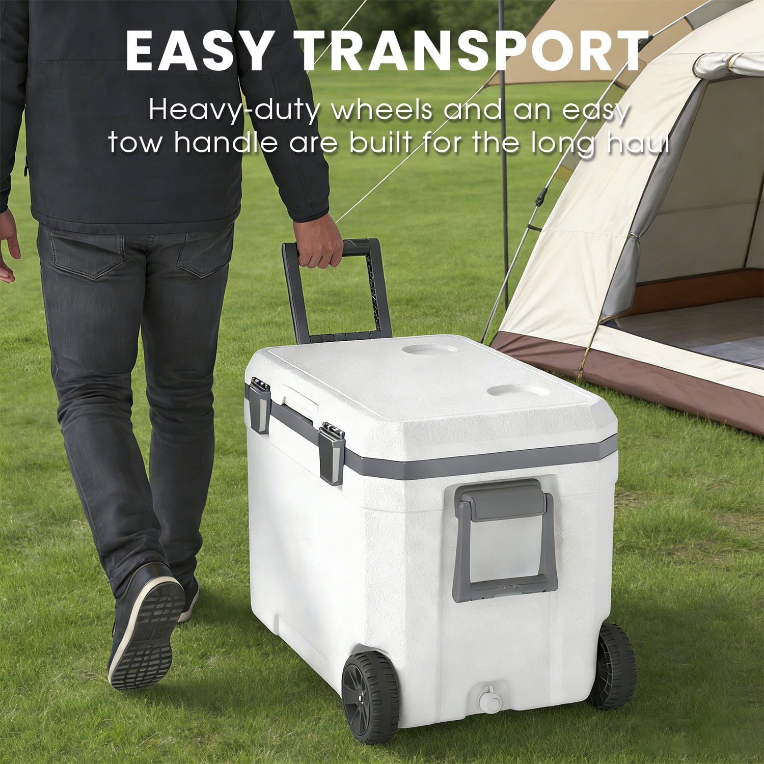 48QT Portable Cooler with Handle, Wheeled Insulated Hard Sided Cooler Ice Chest Box for Outdoors,Camping,Travel,Car