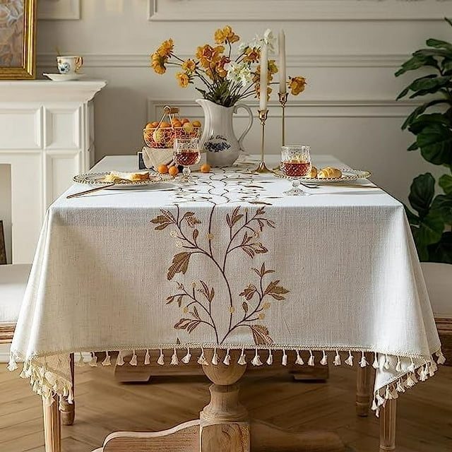 Namzi Tablecloth for Dining Table Rustic Table Cover, Farmhouse Kitchen Table Cloth, Cotton Linen Fabric Small Rectangle Table Cloths for 6 to 8 Seats, Beige, Coffee Leaf, 55x86 Inch