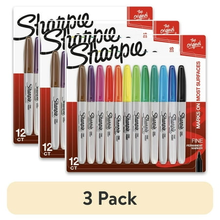 (3 pack) Sharpie Permanent Markers, Fine Point, Assorted Colors, 12 Count
