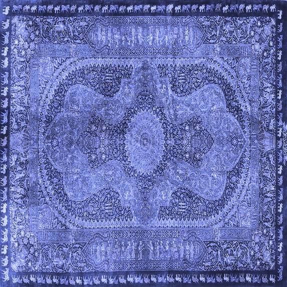 Ahgly Company Machine Washable Indoor Square Medallion Blue Traditional Area Rugs, 8' Square