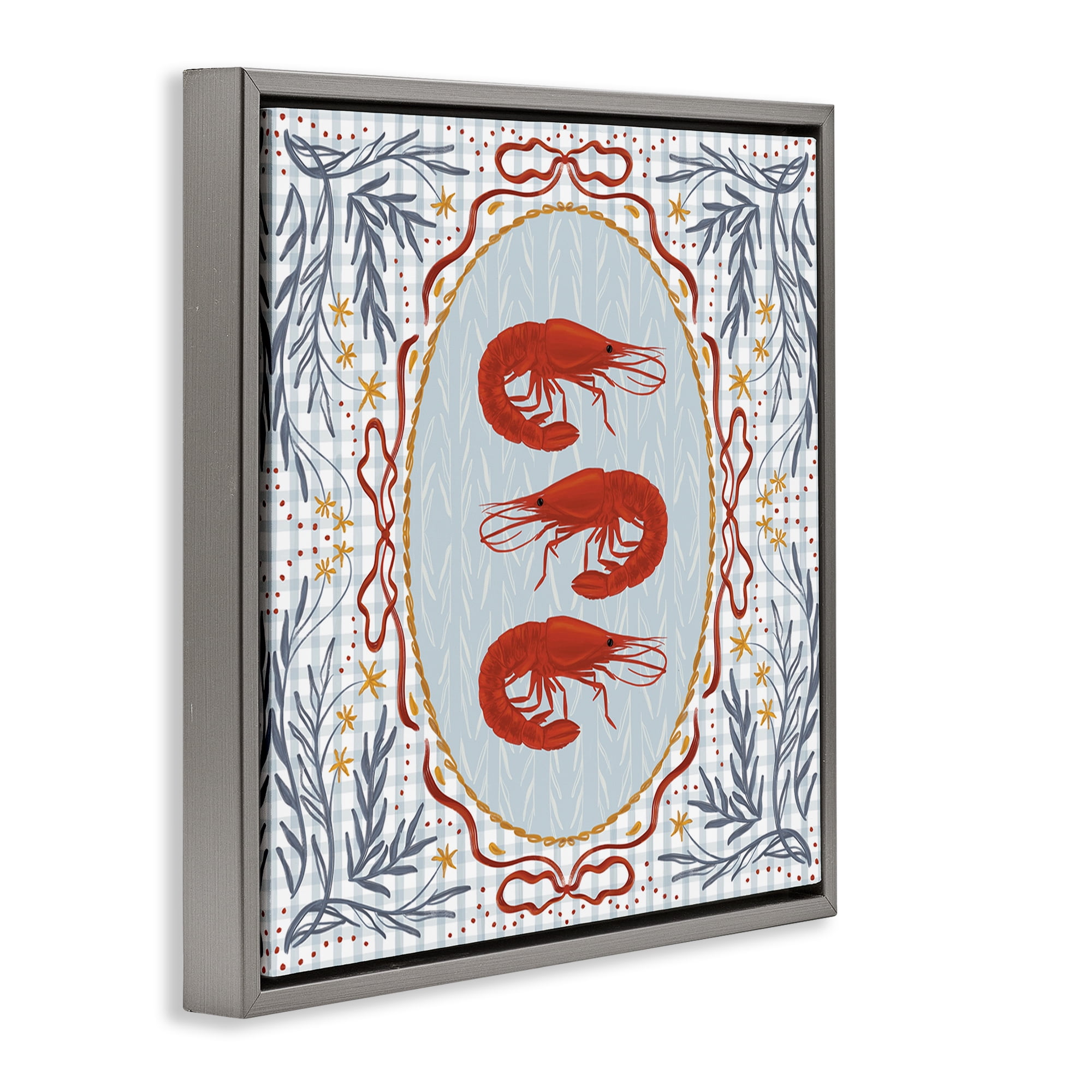 Stupell Industries Prawn Trio on Blue Gingham Gray Framed Floater Canvas Wall Art, design by Vero Illustrates