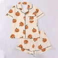 thumbnail image 3 of CUZIBR Girls Halloween Pajamas Sets Soft Comfortable Ghost Pumpkin Lapel Button Short Sleeve Shirt Elastic Waist Shorts 2 Pieces Sleep Loungewear Relaxed Sleepwear Outfits,Orange-C,11-12 Years, 3 of 5