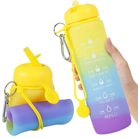 

OROMYO 600ML Water Bottle BPA-Free Silicone Leak-proof Drinking Bottle Foldable Portable Water Jug Cute Water Cup with Time Marker for School Office Gym Travel Camping