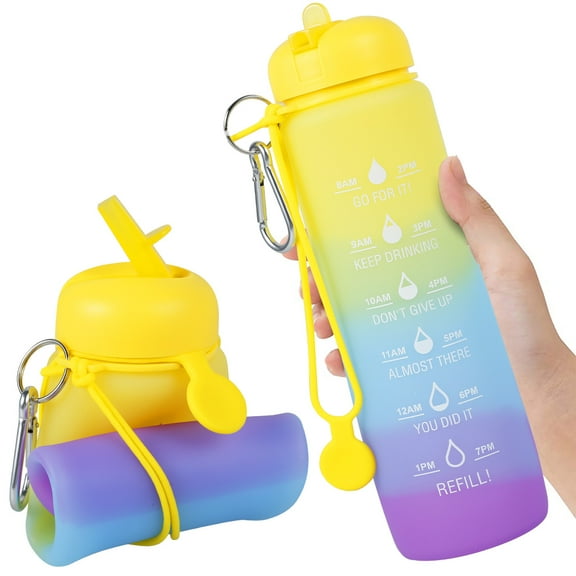 Lieonvis 600ML Water Bottle BPA-Free Silicone Leak-proof Drinking Bottle Foldable Portable Water Jug Cute Water Cup with Time Marker for School Office Gym Travel Camping