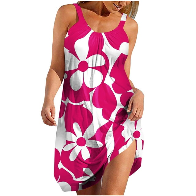 Vestidos de Verano Lindos para las Mujeres Que Imprimen Vestido de Sol Suelto con Cuello en V, sin Mangas con Bolsillos para el Uso Informal