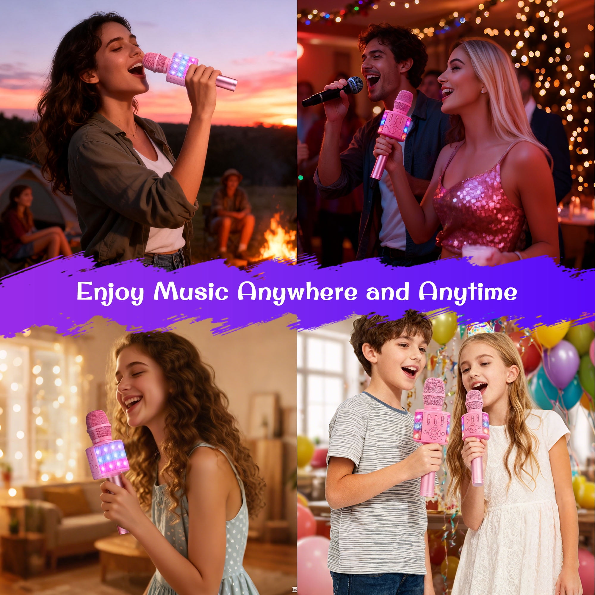 Bonaok Bluetooth Wireless Karaoke Microphone, Portable Handheld Karaoke Machine with LED Lights, Bluetooth Microphone Speaker Singing Gift for Kids Adults(Pink)