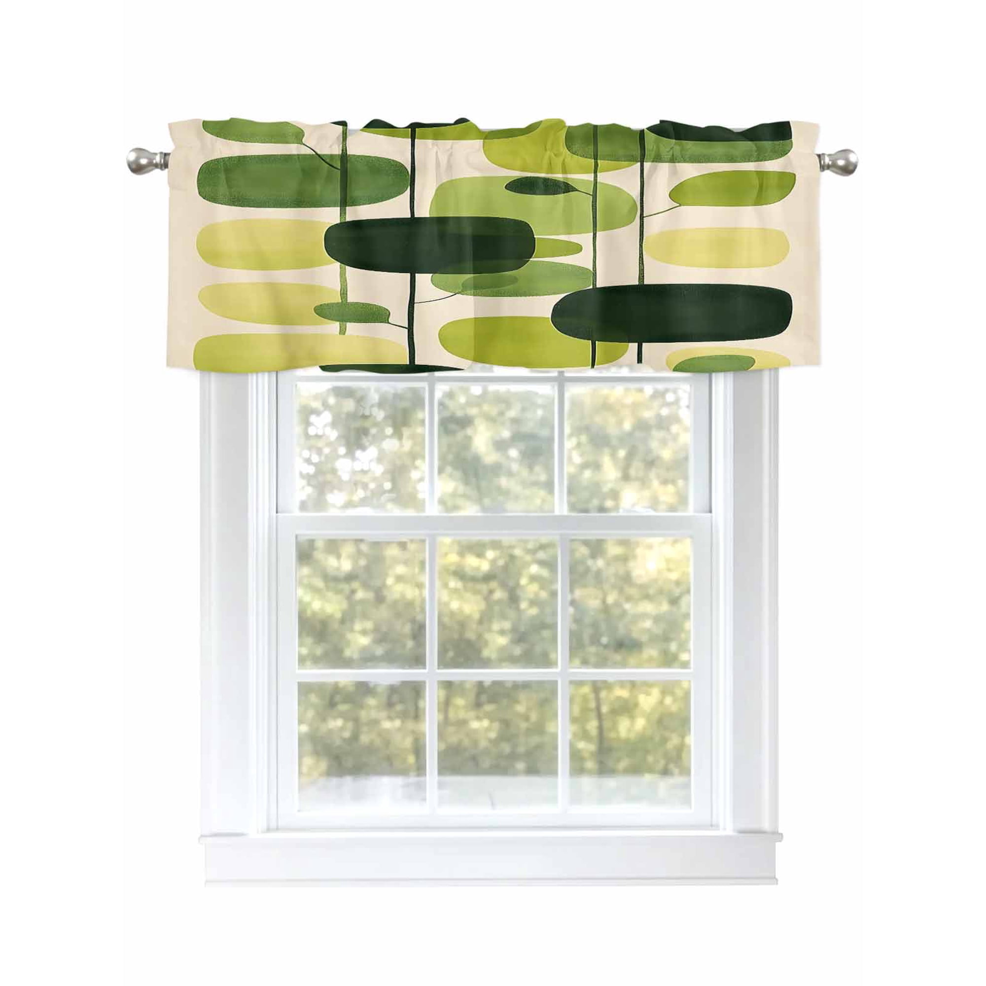 Green Geometric Curtain Valances for Windows, Abstract Neutral Modern Artwork Kitchen Valance Window Treatment, Light Filtering Block Curtains for Bathroom/Bedroom/Living Room 60'' x 18''