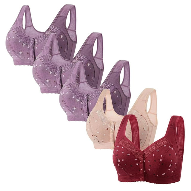 Latrodar Front Closure Bras for Women Bras for Women Wireless 5-Pack Supportive Bralettes Wirefree Lift Softly Full Coverage Brassiere with Wide Straps Solid Embroidered Underwear for Ladies Cycling