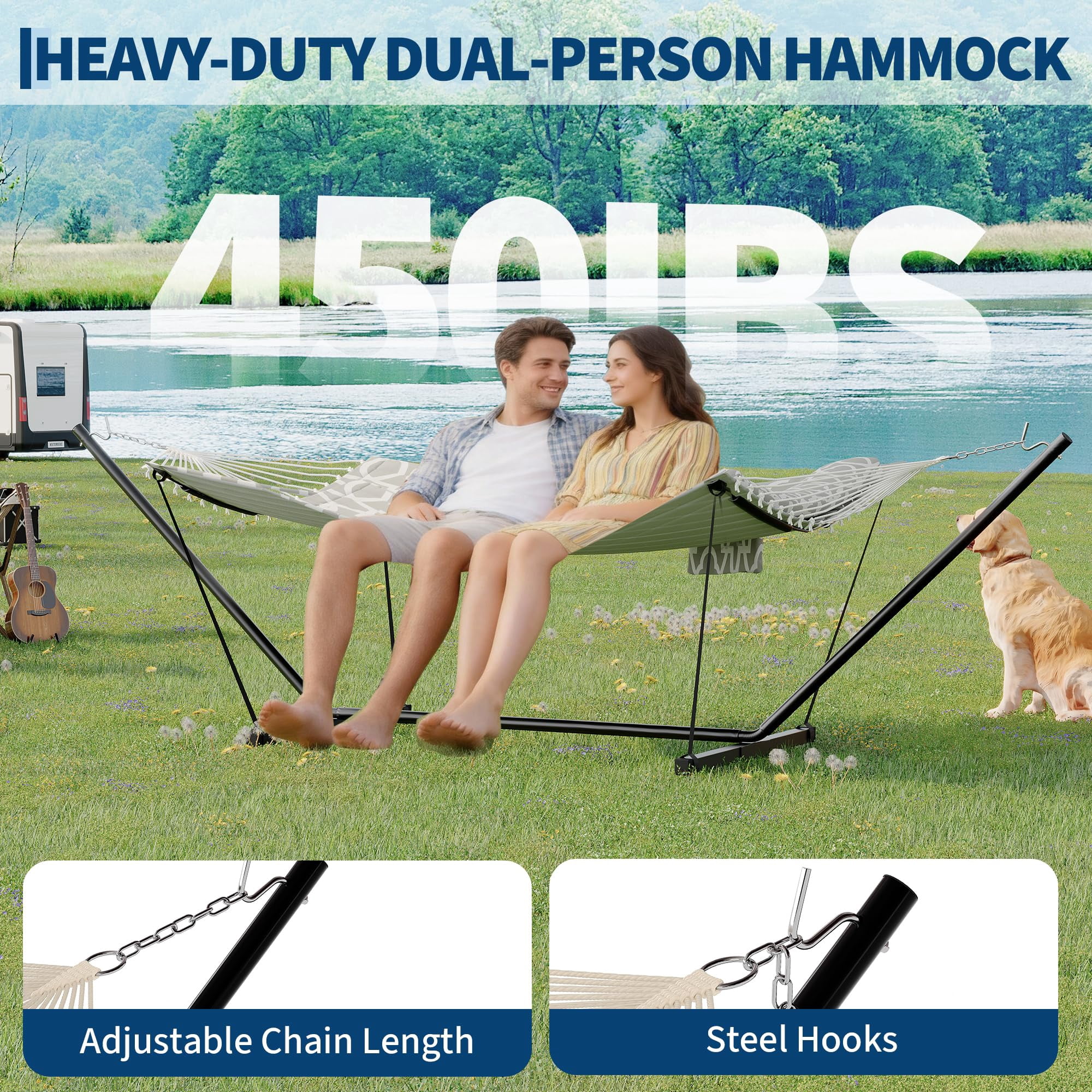 Heavy Duty 450 LBS Double Hammock with Stand & Pillow - 2 Person Outdoor Hammock with Balance Rope for Patio, Backyard, Poolside